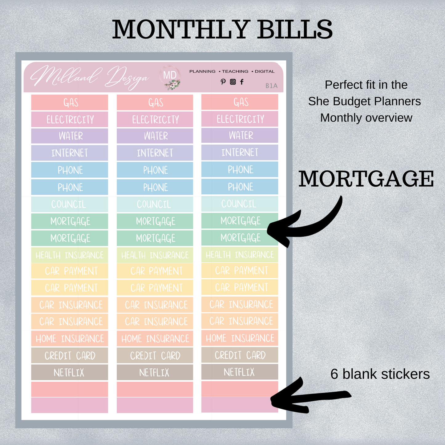 Monthly Bills - Fits the 'She Budget' Planners