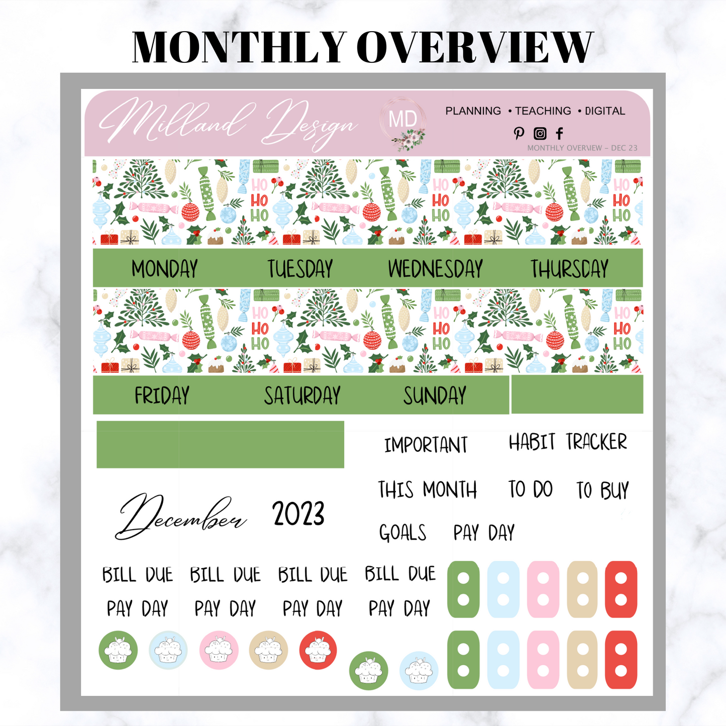December LBD Signature Dashboard, Monthly overview and Deco stickers