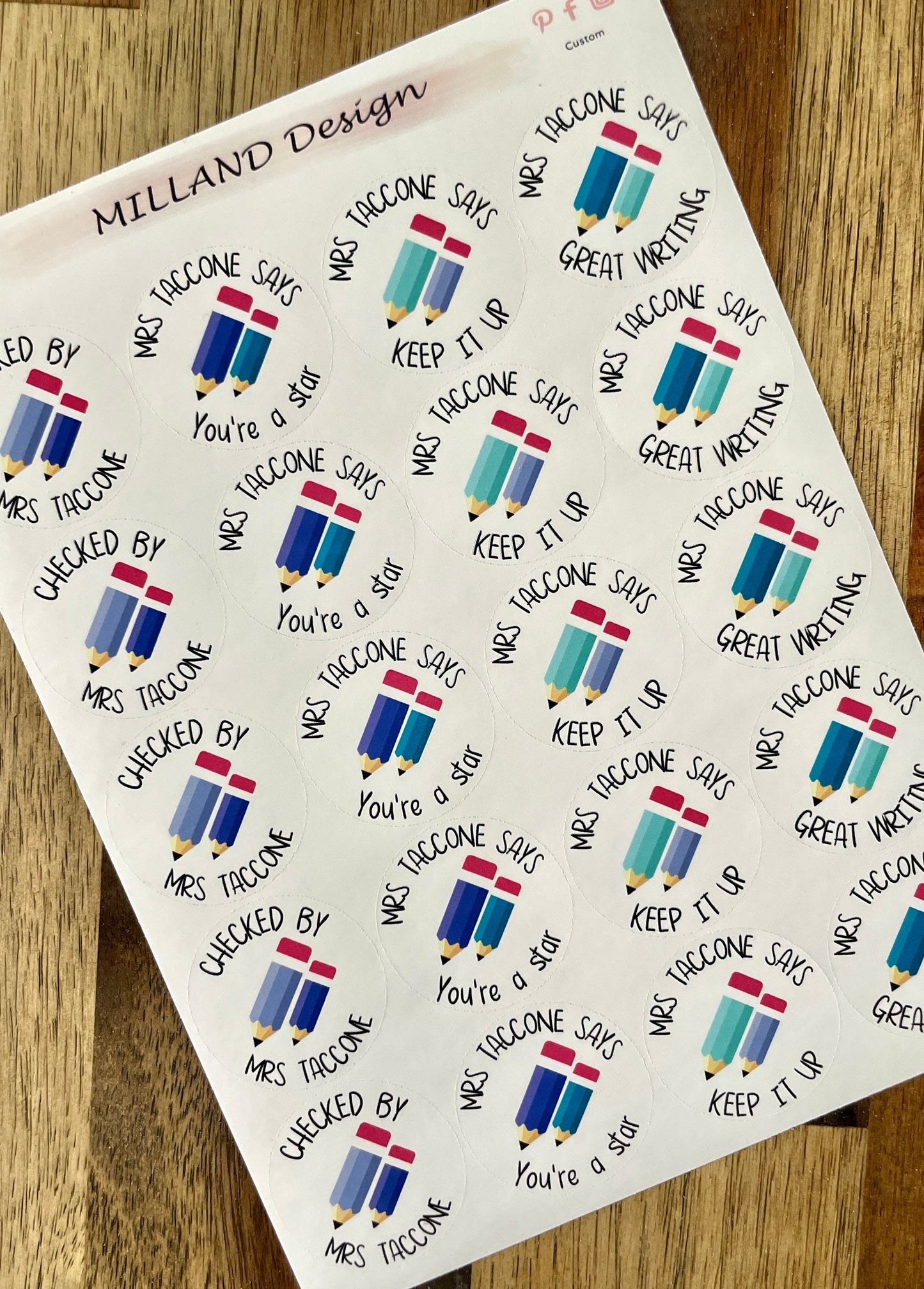 Coloured Pencil Custom Personalised Teaching Stickers