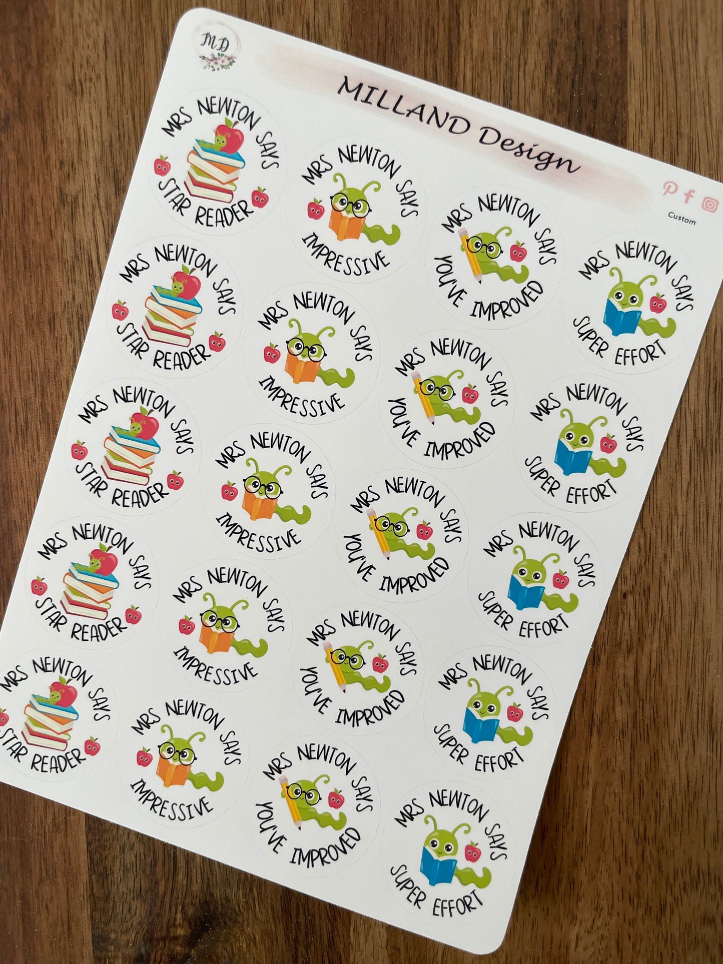 Bookworm Reading Custom Personalised Teaching Stickers