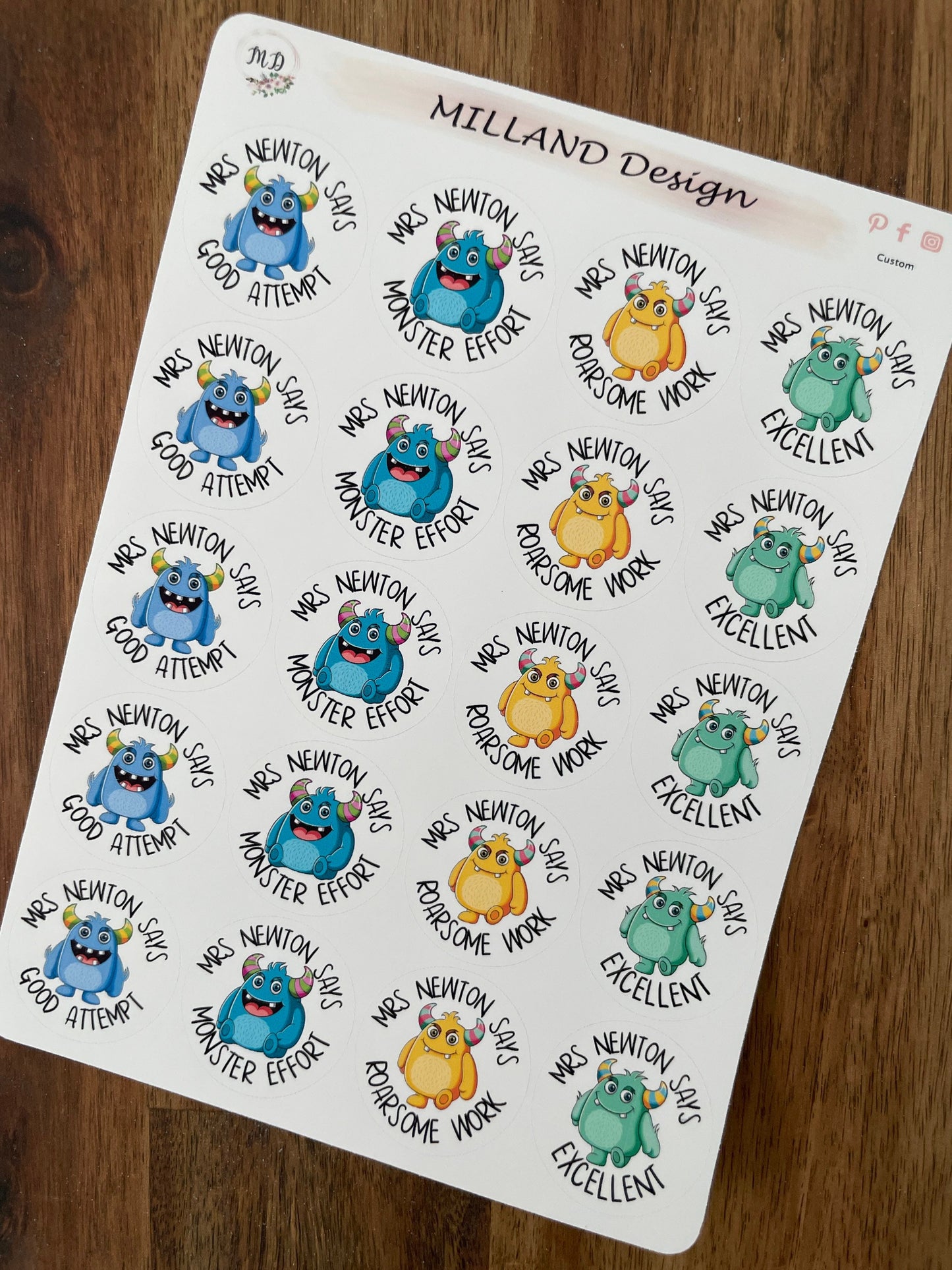 Cute Monsters Custom Personalised Teaching Stickers