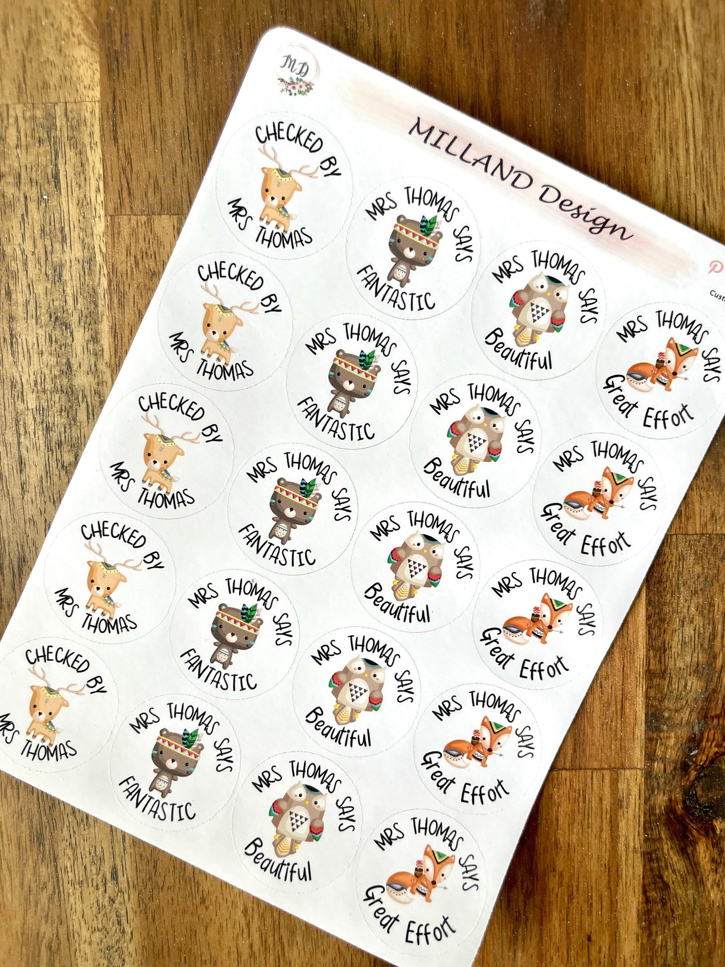 Tribal Animal Custom Personalised Teaching Stickers