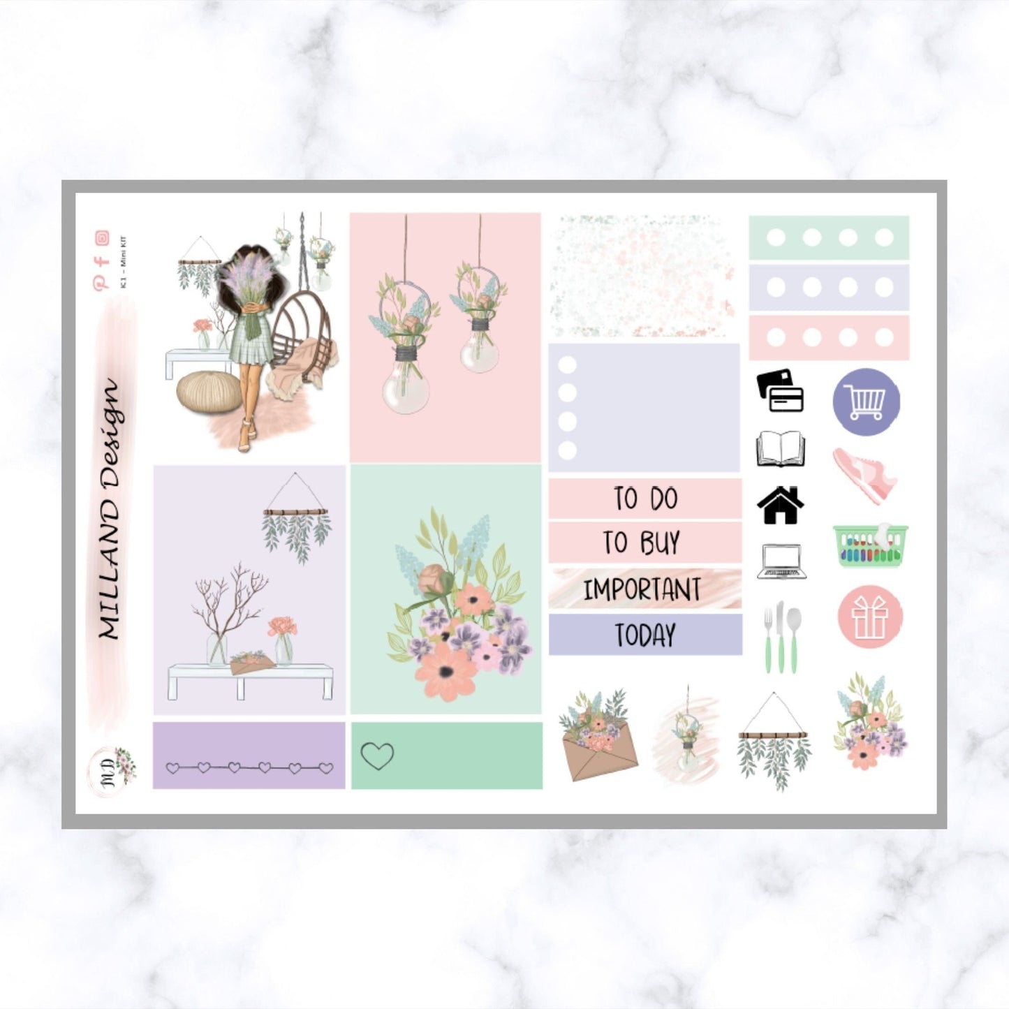 Beautiful Blooms - Planner vertical sticker kit - Sampler